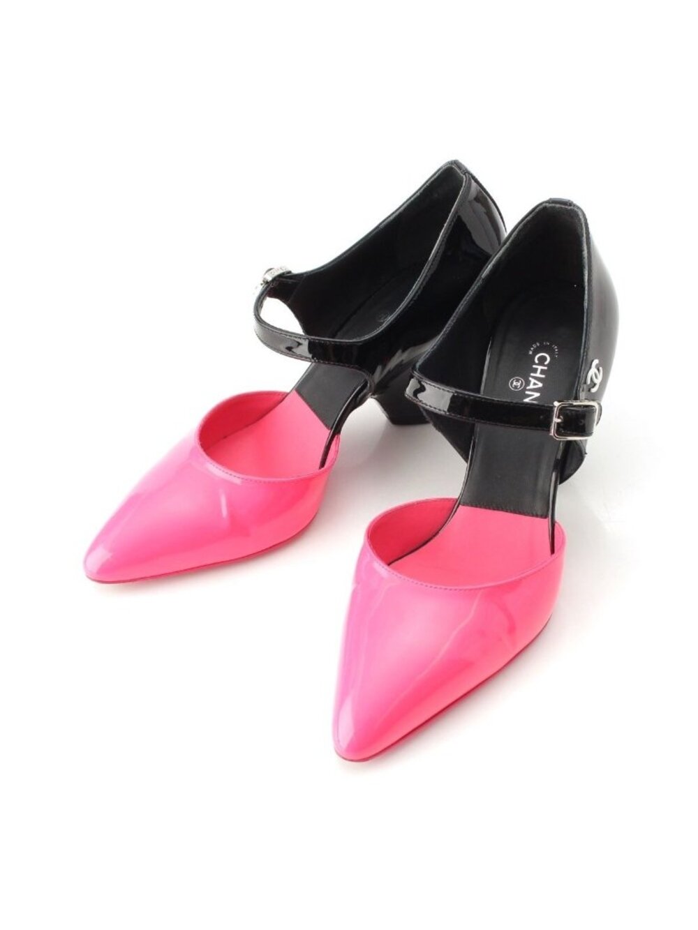 Chanel Patent CC Logo Strap Mary Jane Pumps Black Pink Heel